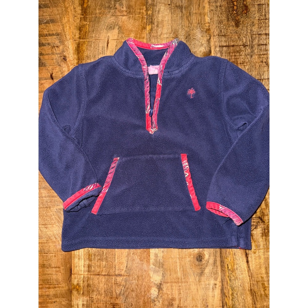 Lilly Pulitzer Girls Navy Blue Fleece Quarter Zip Pullover Palm Tree XS 2-3